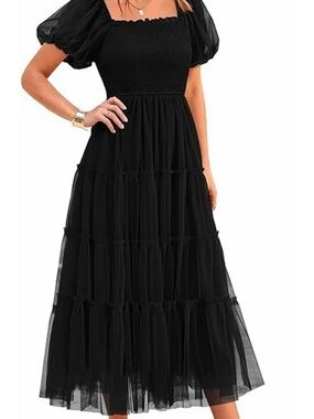 NWT PRETTYGARDEN Smocked Tulle Midi Dress Puff Sleeve Black size S
